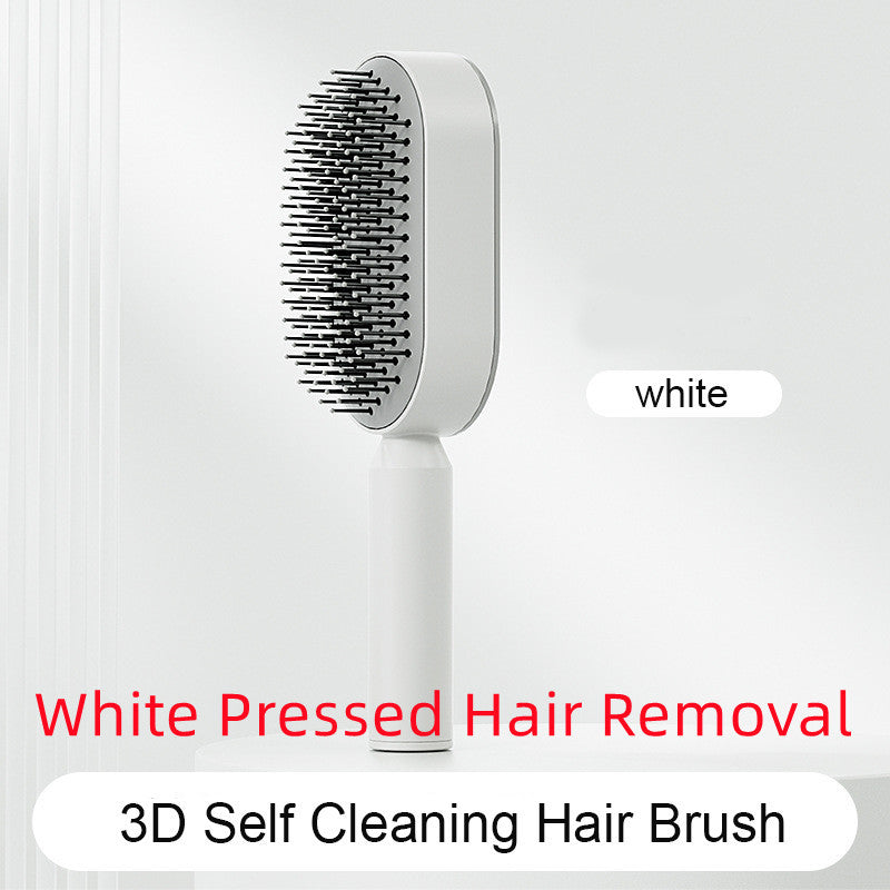 女士髮刷 一鍵清潔 脫髮 氣囊 按摩 頭皮 梳防 靜電髮刷 White Pressed Hair Removal